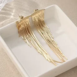 Χρυσά Μακριά Σκουλαρίκια με Αλυσίδες και Καμπύλη Μπάρα