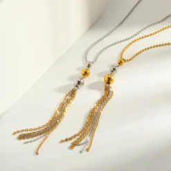 Minimal χρυσό γυναικείο κολιέ από ανοξείδωτο ατσάλι 304 με στρογγυλό μοτίβο και tassels