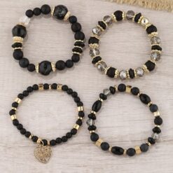 Σετ 4 Γυναικεία Βραχιόλια με Μαύρες Χάντρες και Χρυσό Μοτίφ