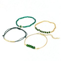 Σετ 4 Γυναικεία Βραχιόλια με Σμαραγδί Χάντρες και Χρυσές Λεπτομέρειες