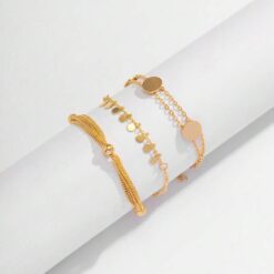 Σετ 3 Γυναικεία Βραχιόλια Gold Layering με Φλουριά και Minimal Στοιχεία