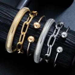 Σετ τριών γυναικείων χρυσών ή ασημι βραχιολιών με αλυσίδα φίδι και γεωμετρικά σχέδια σε layering στυλ