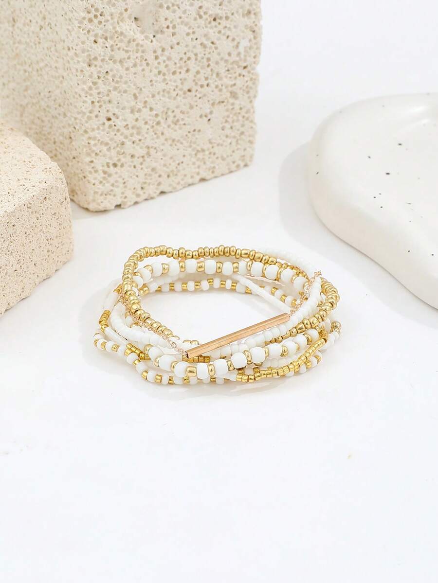 Σετ 8 Γυναικεία Βραχιόλια Boho - White & Gold Pearl Collection