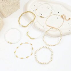 Σετ 8 Γυναικεία Βραχιόλια Boho - White & Gold Pearl Collection