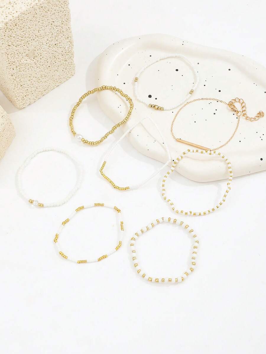 Σετ 8 Γυναικεία Βραχιόλια Boho - White & Gold Pearl Collection