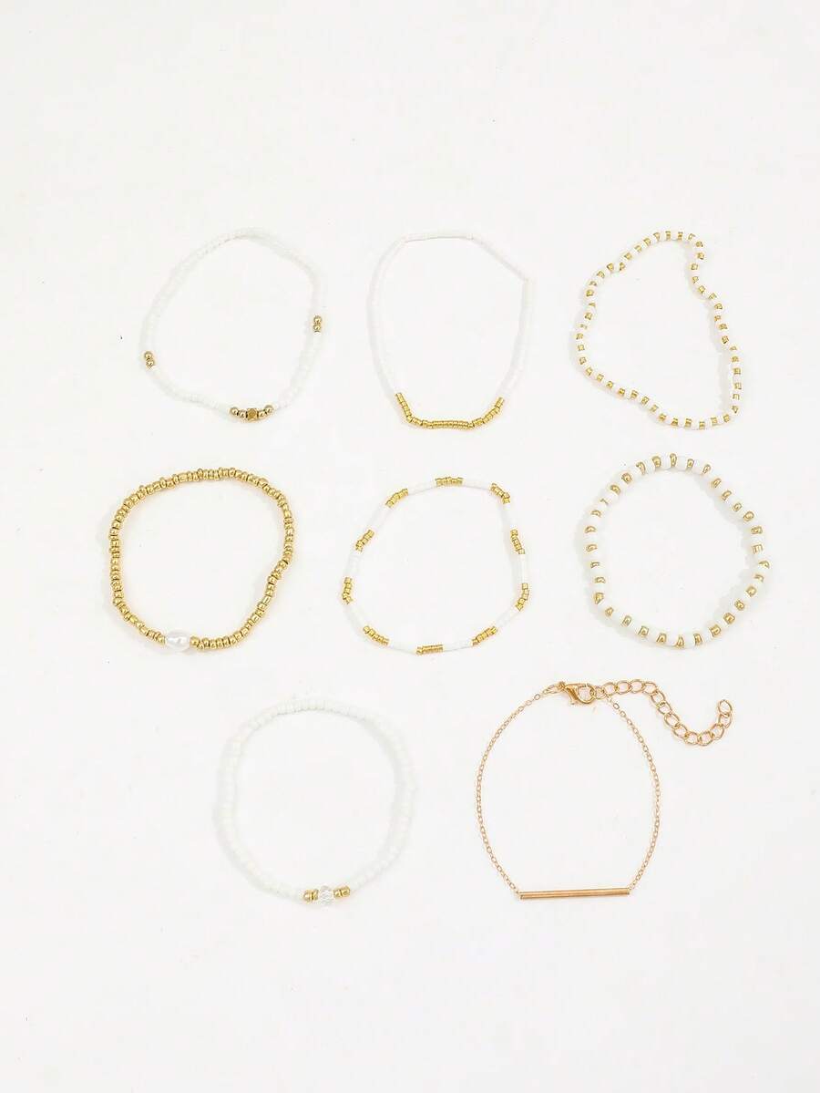 Σετ 8 Γυναικεία Βραχιόλια Boho - White & Gold Pearl Collection