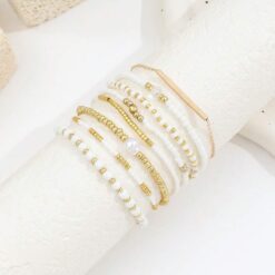 Σετ 8 Γυναικεία Βραχιόλια Boho - White & Gold Pearl Collection