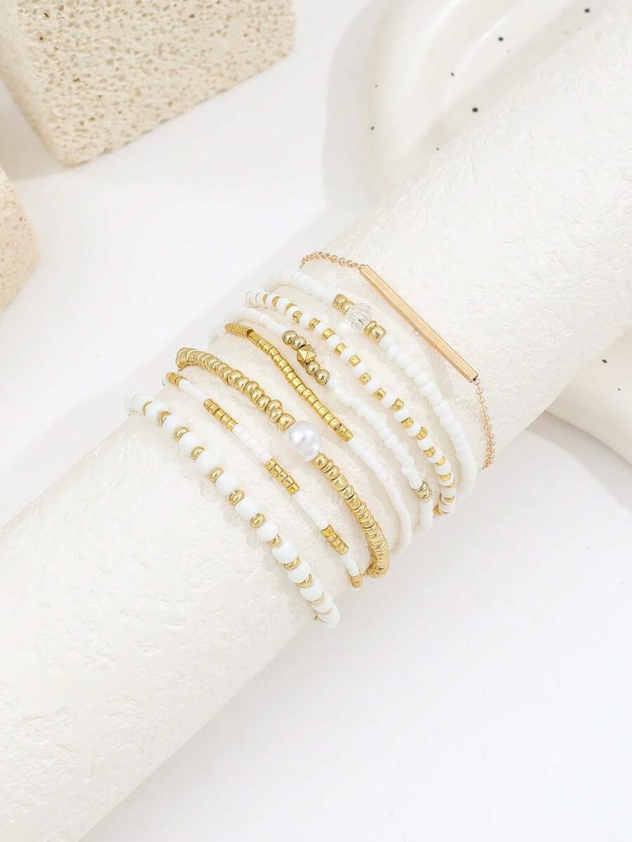 Σετ 8 Γυναικεία Βραχιόλια Boho - White & Gold Pearl Collection