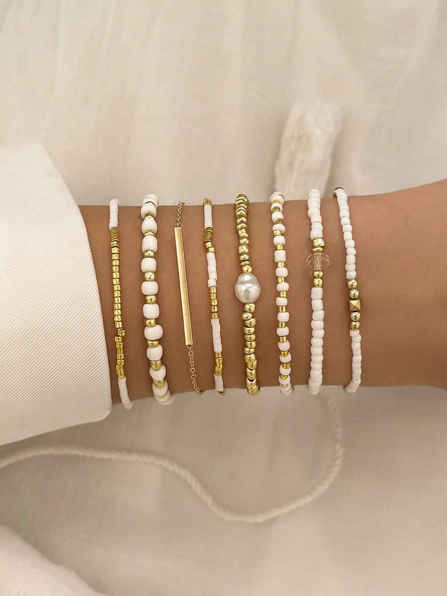 Σετ 8 Γυναικεία Βραχιόλια Boho - White & Gold Pearl Collection