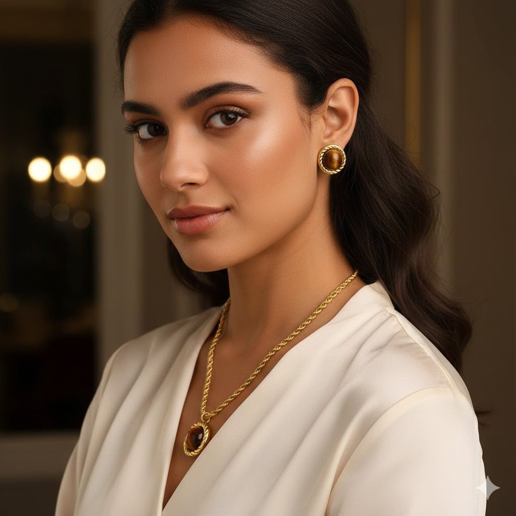 Vintage γυναικείο σετ κοσμημάτων με κολιέ και σκουλαρίκια από χρυσό ατσάλι 18K και μαύρη γεωμετρική ρητίνη