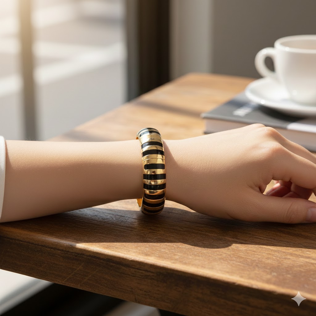 Γυναικείο Statement Βραχιόλι Χειροπέδα με Μαύρο Σμάλτο και Χρυσή Επιμετάλλωση