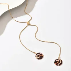 Χρυσό μακρύ κολιέ Y-Lariat με στρογγυλά leopard στοιχεία