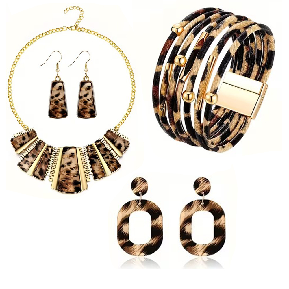 Σετ γυναικεία κοσμήματα animal print με κολιέ, βραχιόλι και σκουλαρίκια.