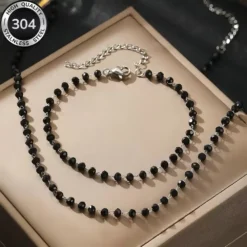 Μαύρο κολιέ και βραχιόλι ροζάριο από ατσάλι 304.