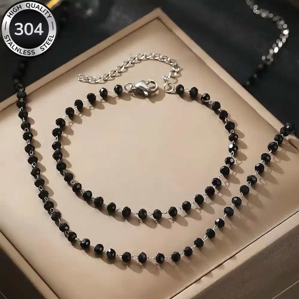 Μαύρο κολιέ και βραχιόλι ροζάριο από ατσάλι 304.