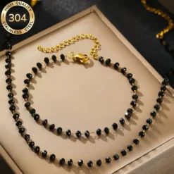 Μαύρο κολιέ και βραχιόλι ροζάριο από ατσάλι 304.