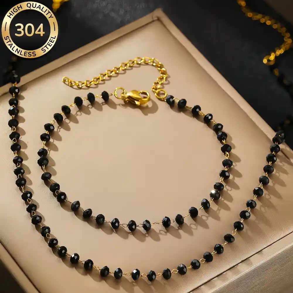 Μαύρο κολιέ και βραχιόλι ροζάριο από ατσάλι 304.