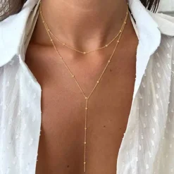 Γυναικείο layered χρυσό κολιέ Y necklace με διακριτικές χάντρες Chicbee