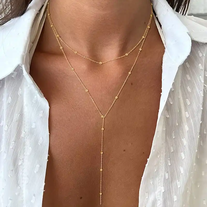 Γυναικείο layered χρυσό κολιέ Y necklace με διακριτικές χάντρες Chicbee