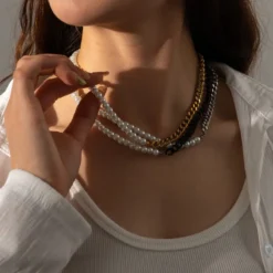 Layering με unisex ατσάλινα κολιέ μισό πέρλες μισό αλυσίδα Cuban Chicbee