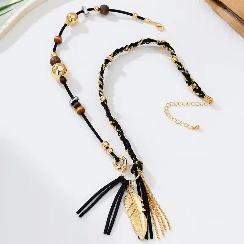 Boho Μακρύ Κολιέ με Χρυσό Φτερό & Κρόσσια