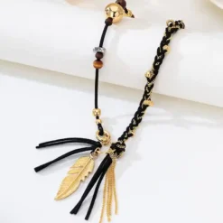 Boho Μακρύ Κολιέ με Χρυσό Φτερό & Κρόσσια