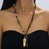 Boho Μακρύ Κολιέ με Χρυσό Φτερό & Κρόσσια