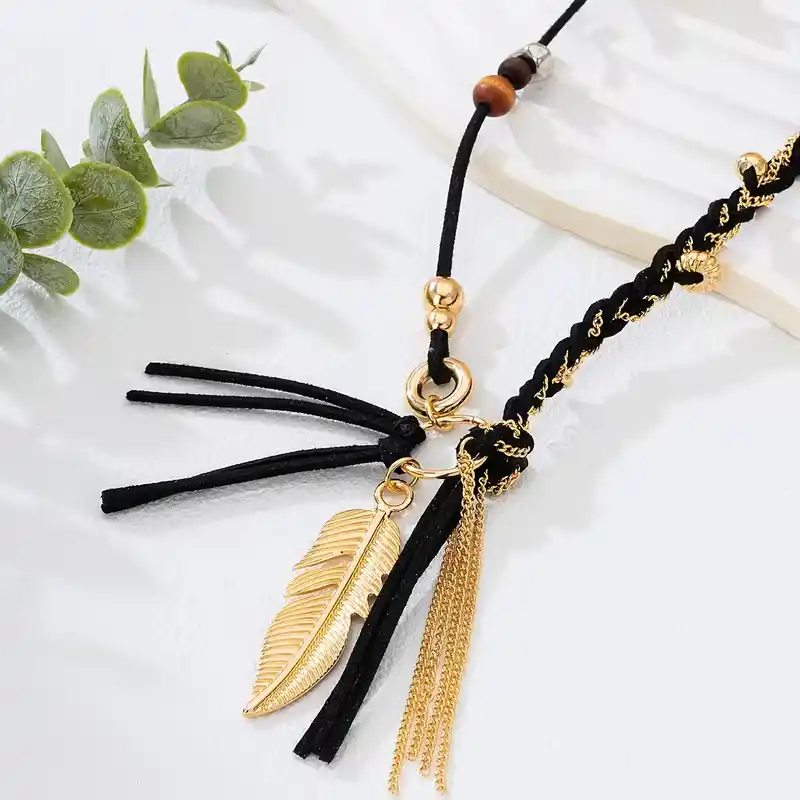 Boho Μακρύ Κολιέ με Χρυσό Φτερό & Κρόσσια