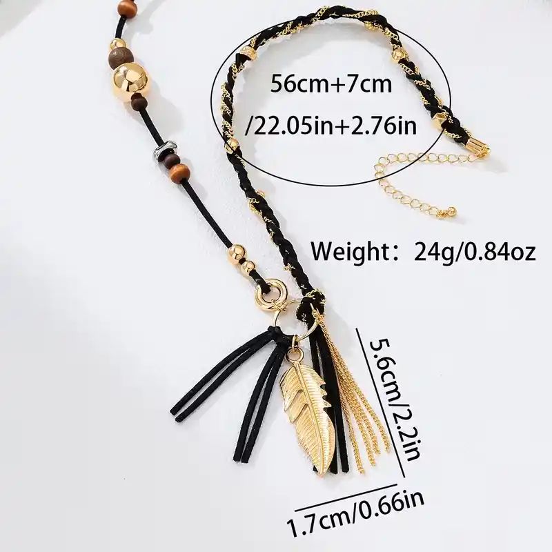 Boho Μακρύ Κολιέ με Χρυσό Φτερό & Κρόσσια