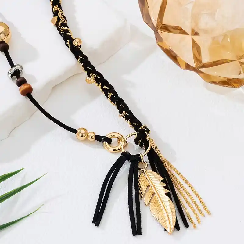 Boho Μακρύ Κολιέ με Χρυσό Φτερό & Κρόσσια