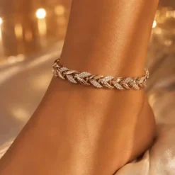 Βραχιόλι Αστραγάλου Χρυσό με Φύλλα & Strass