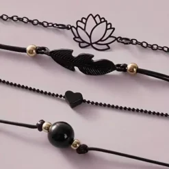 Σετ Μαύρα Βραχιόλια Ποδιού Boho με Λωτό & Φτερό | Chicbee.gr
