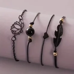 Σετ Μαύρα Βραχιόλια Ποδιού Boho με Λωτό & Φτερό | Chicbee.gr