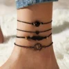 Σετ Μαύρα Βραχιόλια Ποδιού Boho με Λωτό & Φτερό | Chicbee.gr