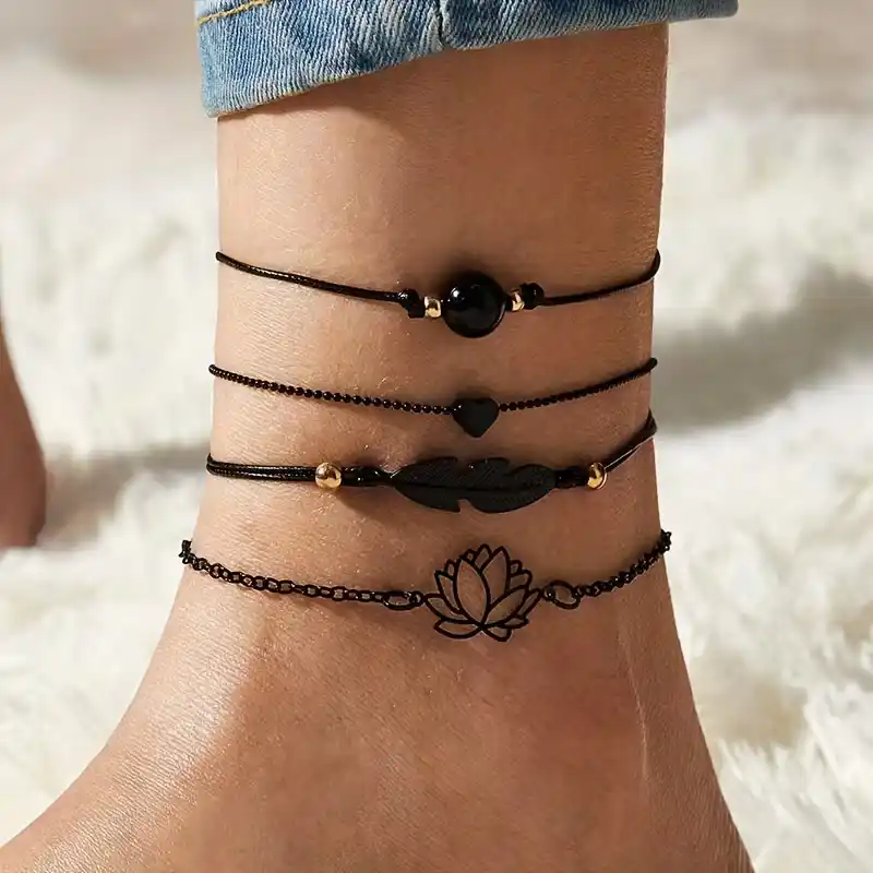 Σετ Μαύρα Βραχιόλια Ποδιού Boho με Λωτό & Φτερό | Chicbee.gr