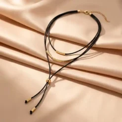 Τριπλό Κολιέ Choker Lariat με Μαύρο Κορδόνι & Χρυσό | chicbee.gr