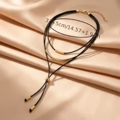 Τριπλό Κολιέ Choker Lariat με Μαύρο Κορδόνι & Χρυσό | chicbee.gr