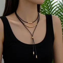 Τριπλό Κολιέ Choker Lariat με Μαύρο Κορδόνι & Χρυσό | chicbee.gr